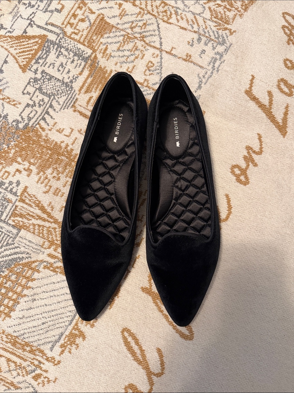 Birdies Black Velvet Pointed-Toe Quilted Insole Flats